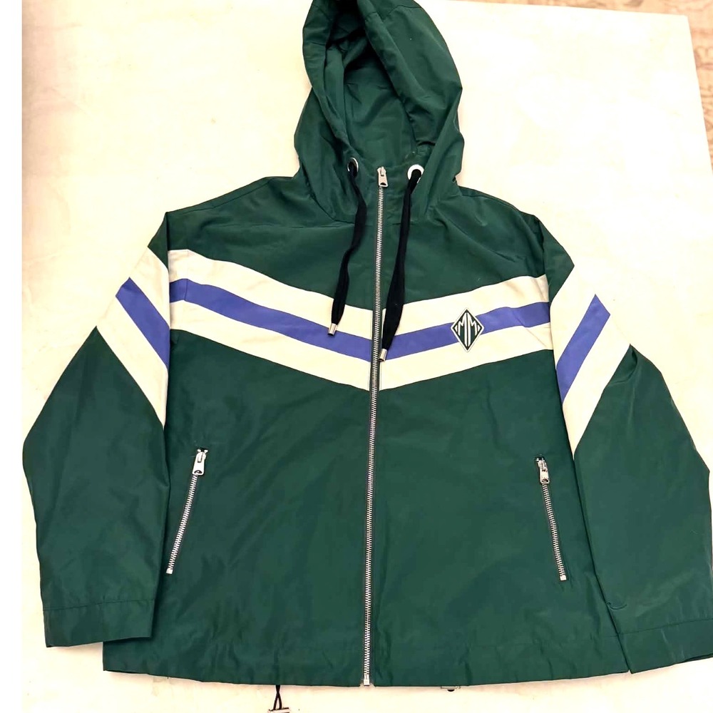 Maje Green Chevron Stripe Hooded Windbreaker Jacket Size 40 US Medium